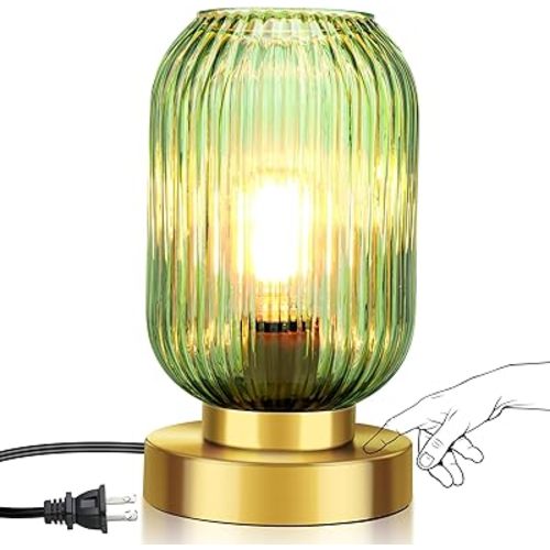 Touch Control Mid Century Modern Table Lamp, 3 Way Dimmable, Green Glass, Small Gold, Vintage Bedside Lamp for Bedroom, Living Room,Office