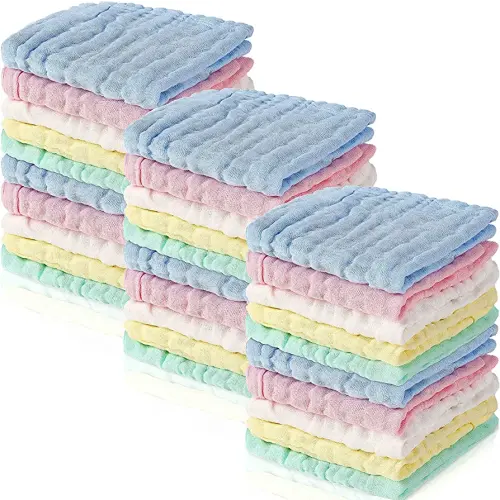 Chumia 30 Pcs Baby Muslin Washcloths Muslin Burp Cloths Baby Towel Natural Cotton Burp Cloths Wipes Soft Newborn Face Towel Absorbent for Face Bath Shower, 12 x 12''(Blue, White, Green, Yellow, Pink)