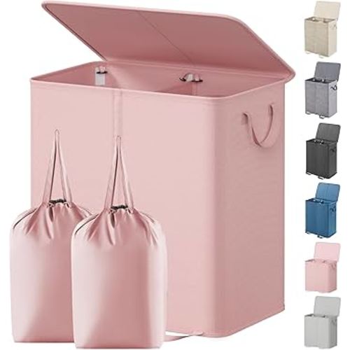 Lifewit Double Laundry Hamper with Lid and Removable Laundry Bags, Large Collapsible 2 Dividers Dirty Clothes Basket with Handles for Bedroom Laundry Room Closet Bathroom College, 136L Pink
