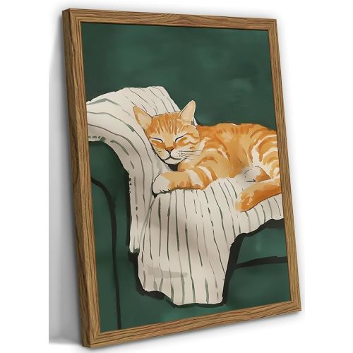 Funny Cat Wall Art Cute Cat Sleeping on Couch Wall Decor Painting Orange Pet Kitty Portrait Pictures Prints Contemporary Animal Canvas Artwork for Bedroom Living Room 12x16 inch Wood Framed