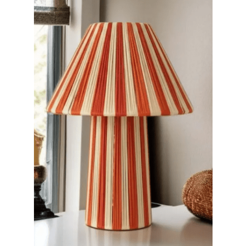 Handmade Natural Raphia Table Lamp – Striped Orange & Cream Design