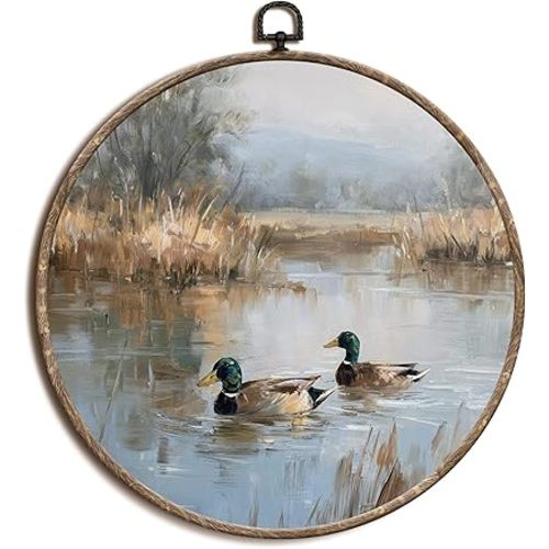 laveliabel Vintage Mallard Duck Round Canvas Art Wall Decor, Lake House Duck Framed Canvas Prints, Rustic Farmhouse Bird Hunting Round Hanging Wall Decor for Home Bedroom Nursery, 10x10 Inches