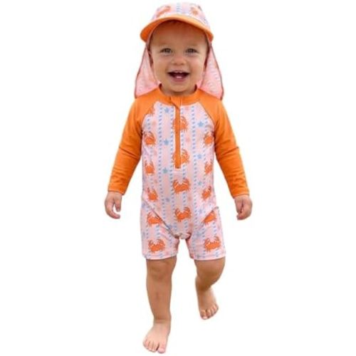 Toddler Baby Boy Girls One Piece Swimsuit Long Sleeve Zipper Bathing Suit with Hat Infant Rash Guard Swimwear