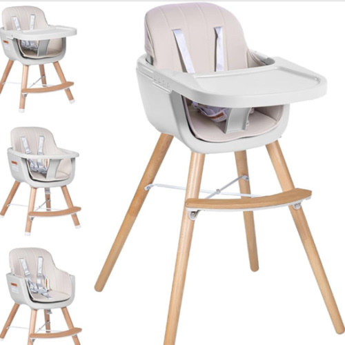 High Chairs for Babies and Toddlers,3 in 1 Convertible Wooden highchair, Baby High Chair with Adjustable Legs,5 Point Harness, Footrest, Dishwasher-Safe Tray & PU Leather Cushion, Beige