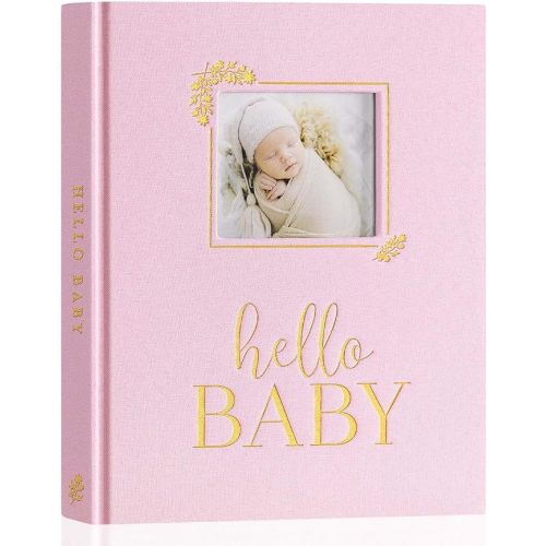 Lanpn Hello Baby Memory Book, Newborn First 5 Year Keepsake with DIY Window, Linen Baby Book Memories Journal Scrapbook Photo Book, Baby Milestone Album for Boy Girl New Parents (Pink, 154 Pages)