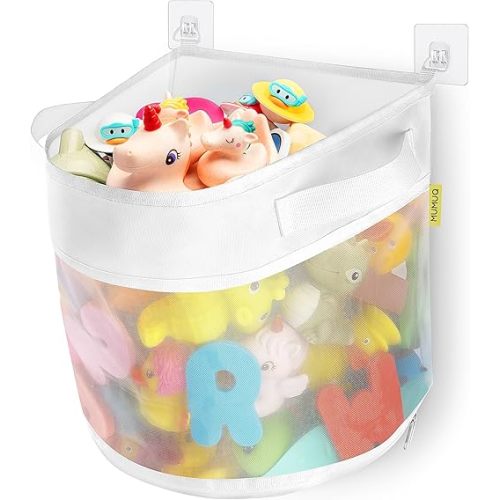 Bath Toy Storage, 4.15 Gallons Bath Toy Holder, Bottom Zipper Bathtub Toys Storage Organizer Bag Quick Access Baby Shower Caddy Games Tub Quick Dry Baby Bathroom Toys Storage Accessory White (L)