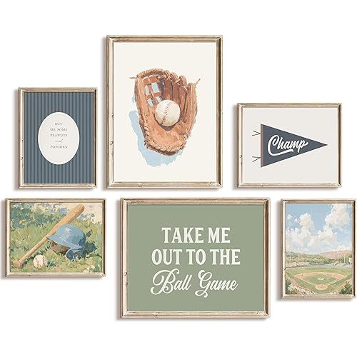 6Pcs Baseball Nursery Wall Art Vintage Sports Boy Wall Decor Boys Room Poster Prints Baseball Canvas Pictures Neutral Sport Kids Room Painting for Boys Room Bedroom Playroom 12x16in Unframed
