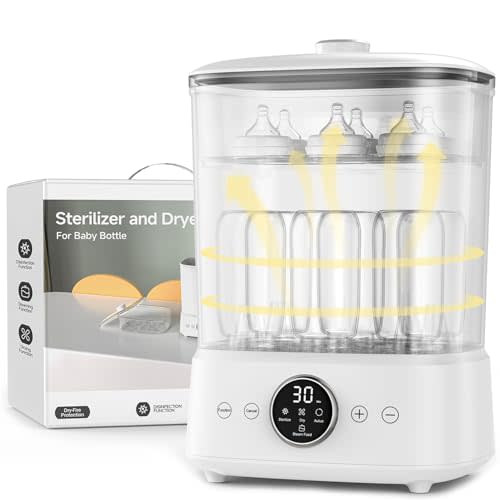 YunBaby Baby Bottle Steamer and Dryer, 5-in-1 Electric Steam Cleaner with 2-Layer Large Capacity, Universal for All Baby Items, Bottles/Accessories, One-Touch Control & Auto Shut Off, Baby Essentials