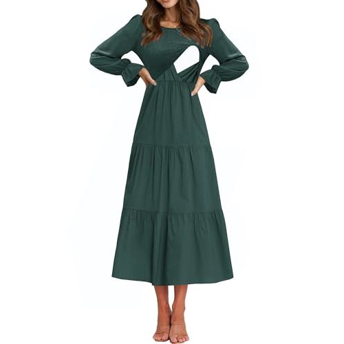 CzzzyL Women's Nursing Dress Flounces Long Sleeve Crew Neck Smocked Bodice Ruched Elastic Waist Tiered Midi with Pockets