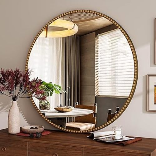 Vintage Round Mirror, 24 Inch Circle Wall Mounted Mirror with Baroque Beaded Frame, Home Decor for Entryway, Bathroom, Vanity, Living Room, Gold