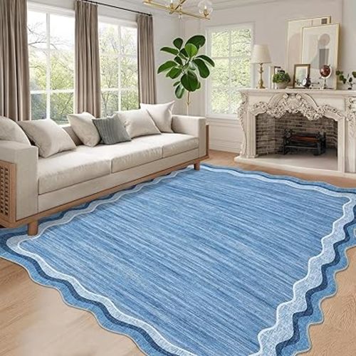 GarveeHome Scalloped Washable 8x10 Rugs for Living Room Bedroom Large Scalloped Solid Rug Non-Slip Stain Resistant Carpet Easy Clean Kids&Pet Friendly Carpet for Nursery Dining Room Table Dorm Blue