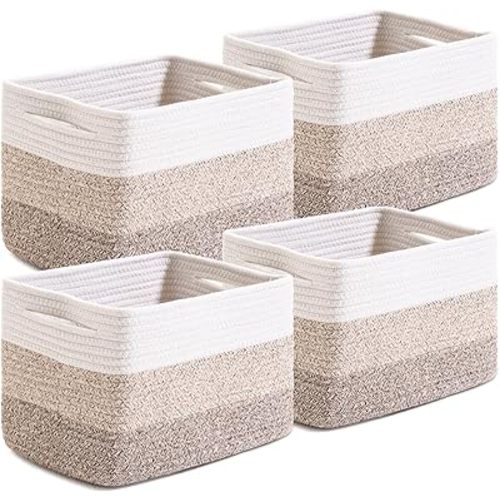 Small Storage Baskets for Organizing Shelves, Woven Cotton Rope Basket for Storage, Cute Rectangular Book Toy Baskets, 12.7"×9.1"×7.9", 4 Packs, Gradient Brown