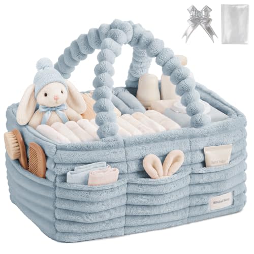 Blissful Diary Flannel Diaper Caddy Organizer with Gift Packaging, Portable Nursery Storage Basket, Gift for Baby Shower, Newborn Boys & Girls Essentials, Registry Search Must Haves, Light Blue