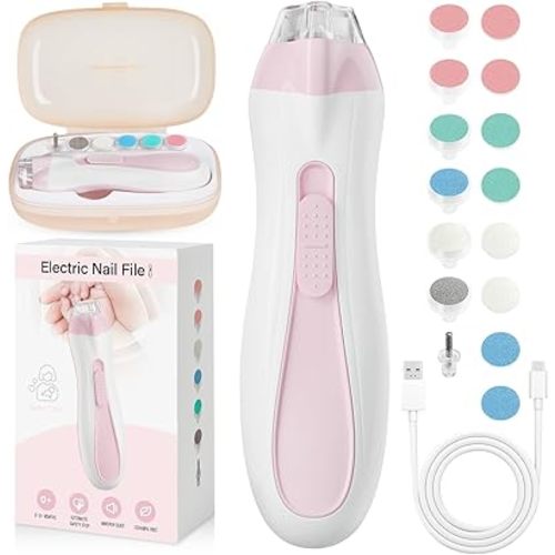 Baby Nail Trimmer Electric, 15 in 1 Baby Nail Clippers for Gentle Nail Care, Rechargeable Baby Nail File Electric with Light &15 Grinding Pads for Infant Toddler, Pink