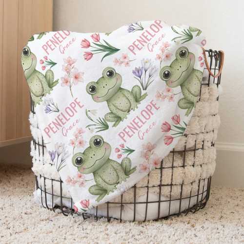 Custom Frog Nursery Baby Name Blanket, Personalized Tulips Swaddle Baby Shower Gift, Floral New Mom Hospital Blanket, Newborn Gift
