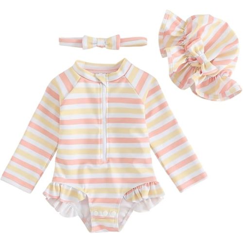 FishingDino Baby Swimsuit Girl Rash Guard Newborn 0M-3T, Long Sleeve UV Infant Bathing Suit with Hat & Headband, Bottom Snaps