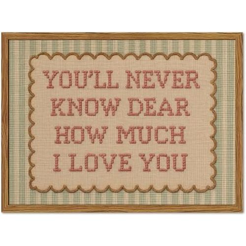 Framed You'll Never Know Dear How Much I Love You Wall Art, Vintage Nursery Pink Green Striped Pictures Wall Decor, Inspirational Quote Paintings Canvas Prints for Girl Bedroom Living Room 12x16 inch