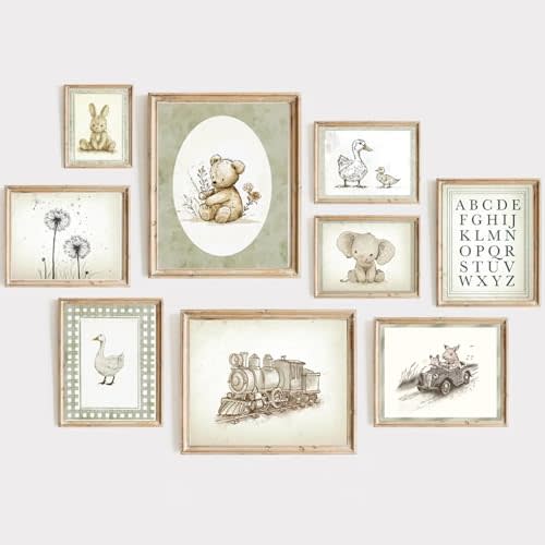 Vintage Nursery Wall Art Decor Baby Room Prints Sage Green Nursery Wall Decor Bear Duck Pictures Kids Poster Bunny Artwork Neutral Toddler Painting for Gallery Bedroom 8x10 Inch Unframed Set of 9