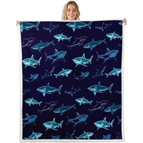 Sharks Sherpa Blanket,Large Reef Shark Fleece Blanket,Deep Ocean Animal Fuzzy Blankets For Kids Boys Girls,Rodents Wild Marine Life Hawaiian Blankets Throw Child Room Decor Throw 50"X60" Navy Blue