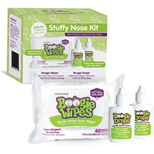 Boogie Stuffy Nose Relief Kit Wipes, FSA/HSA Eligible, Baby Wipes Unscented Wipes 45 Count (Pack of 1), Baby Nasal Saline Drops Drops 2 Bottles Total (Pack of 1)…