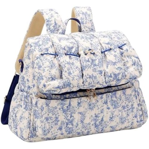 YFGBCX Floral Quilted Diaper Bag Backpack for Mom Multi-Functional Travel Baby Bag with Stroller Straps Maternity Purse (Blue)