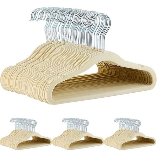 Amazon Basics Kids Space Saving Velvet Non-Slip Clothes Hangers with Shoulder Notches for Infant and Toddler, 11.6", Beige, 50-Pack