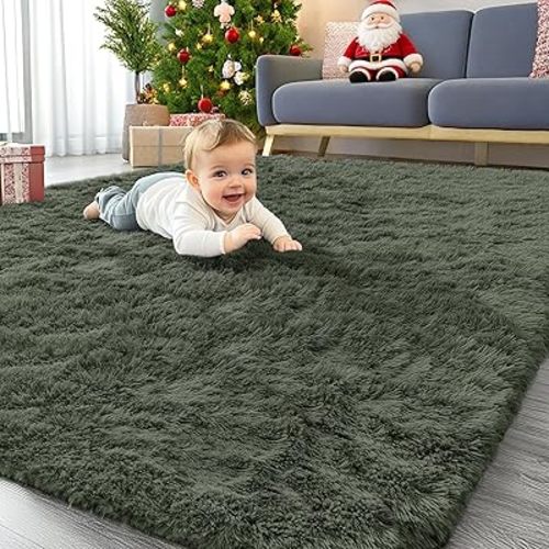 OLANLY Area Rugs for Living Room Bedroom, Machine Washable 4x5.9 ft Soft Fluffy Shaggy Bedside Rug, Indoor Floor Carpet for Kids Girls and Boys, Dorms, Nursery Rooms, Home Decor Aesthetic, Olive Green