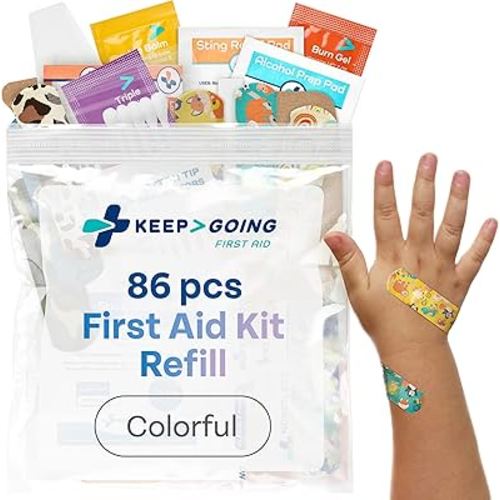 KeepGoing First Aid Kit Refill – 86 Pc. Colorful Refill for Kids First Aid Kits (Kit Not Included)