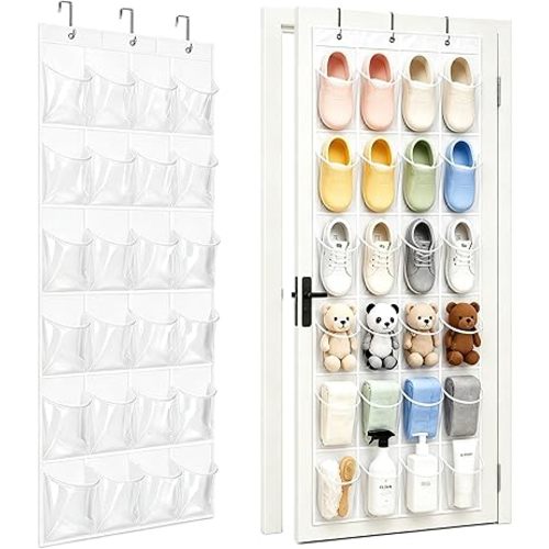 Over-the-Door Shoe Organizer with 24 Crystal Clear Pockets, White