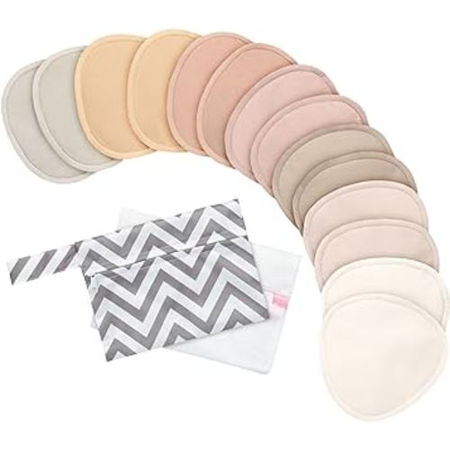 Organic Nursing Pads - 14 Washable Breast Pads for Breastfeeding, Wash Bag, Reusable Nipple Covers for Breastfeeding Essentials, Soft & Absorbent (Neutrals, M 3.9")