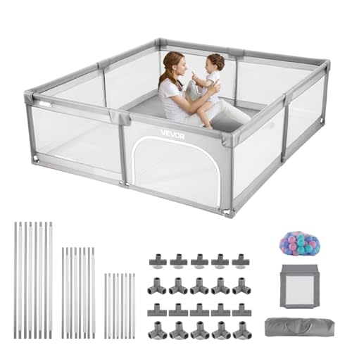 VEVOR Baby Playpen, 78.7″ x 58.7″ Large Toddlers Playpen, Indoor/Outdoor Baby Fence Play Yard with 50 Ocean Balls, Zippered Door & Breathable Mesh, No-Gap Safety Activity Center for Babies Toddlers