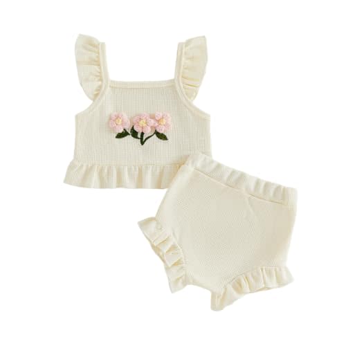 Baby Girl Clothes Infant Summer Toddler Outfits Ruffle Sleeveless Floral Embroidery Tank Top Shorts 2Pcs Waffle Sets