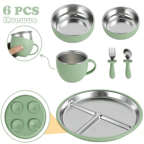 6 Pcs Stainless Steel Baby Feeding Set, Divided Suction Plates and Bowls, Toddler Feeding Supplies with Silicone Suction Base