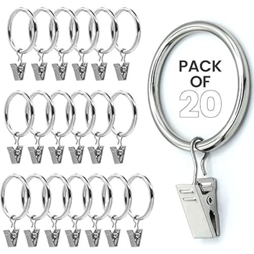 Silver Curtain Rings with Clips 1.5 Inch Set of 20 Heavy Duty Curtain Hooks for Drapes, Caps, Pictures - fits on Rod Diameter Upto 1.25Inch/32mm… (Silver, 1.5" Inch - 20 Pack)