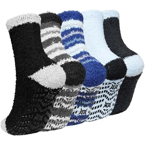 CaiDieNu Fuzzy Socks for Men with Grippers, Fluffy Slipper Socks Winter Warm Thick Home Hospital Cozy Non-slip Socks 5 Pairs