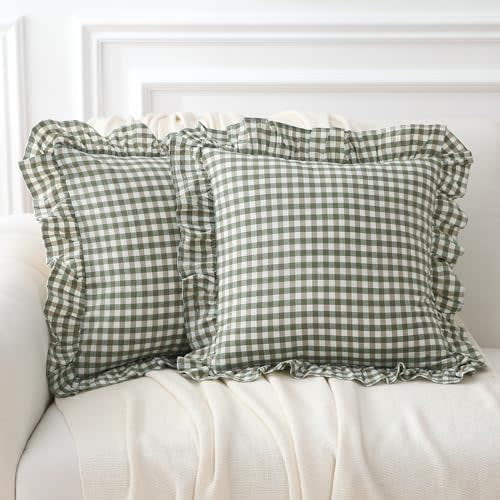 2 Pack Sage Green Plaid Ruffle Gingham Throw Pillow Covers, 100% Washed Cotton Checkered Farmhouse Decorative Pillow Shams for Bed/Sofa - 18''x18''