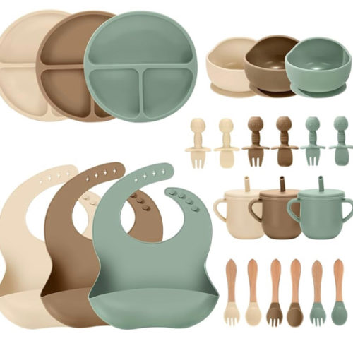 24 PCS Silicone Baby Feeding Set, Baby Led Weaning Supplies Includes Suction Bowls and Divided Plates, Adjustable Silicone Bib, Spoons&forks, Training cup with straw (Green+Brown+Beige)