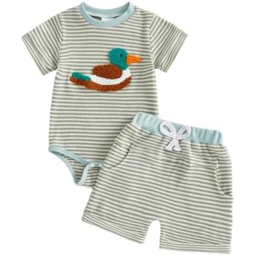 Douhoow Baby Boy Summer Clothes Duck Golf Embroidered Short Sleeve Waffle Baby Romper Shorts Infant Boy Festival Outfits