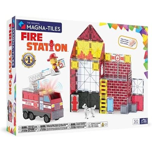 Magna-Tiles Fire Station 50-Piece Magnetic Construction Set, The Original Magnetic Building Brand