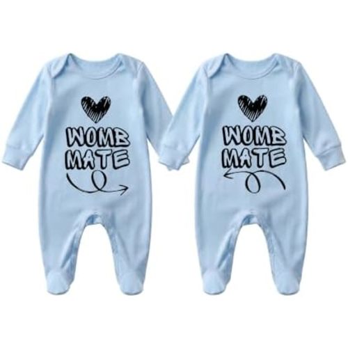 YSCULBUTOL 2 Pack Baby Twins Bodysuits Womb Mates Infant Clothes Newborn Twin Footed Romper Unisex Outfits