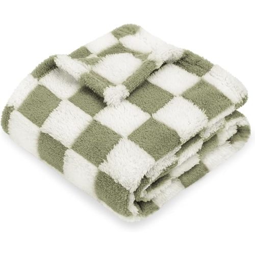 HOMRITAR Checkered Baby Blankets for Boys Girls Warm Cozy Reversible Toddler Blanket, Fluffy Fuzzy Plush Bed Blanket with Chessboard Grid Design 350GSM Mustard Green 30 x 40 Inch