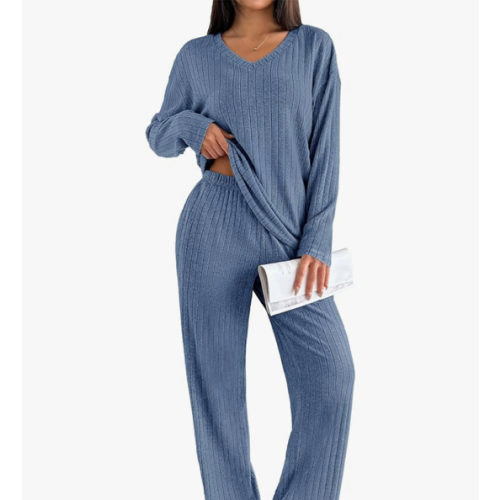 Ekouaer Lounge Sets for Women Long Sleeve Knit Ribbed Pajama Sets 2 Piece Casual Loungewear with Pockets