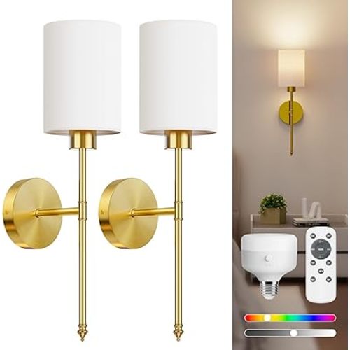 NIORSUN Battery Operated Wall Sconce Set of 2, Gold Wireless Rechargeable Wall Lights with 5200mAh Dimmable Detachable Bulbs and Remote, 9 Colors Sconces Wall Decor for Bedroom Living Room Hallway