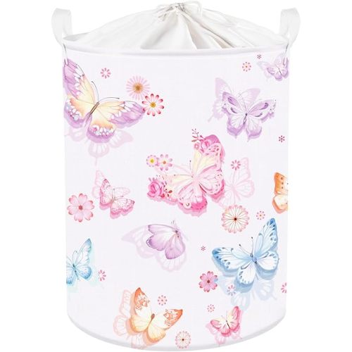 Clastyle Large Purple Pink Butterfly Laundry Basket Waterproof Flower Clothes Nursery Hamper for Baby Girl Collapsible Toy Storage Gift Basket for Kid Bedroom Decor