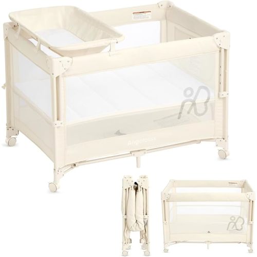ANGELBLISS Baby Bassinet Bedside Crib, Pack and Play with Mattress, Diaper Changer, One-Push Setup Playards from Infants to Toddlers (Beige)