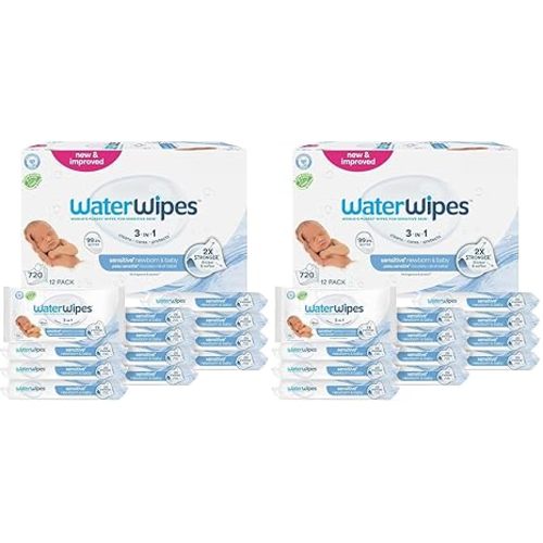 WaterWipes Sensitive+ Newborn & Baby Wipes, 3-In-1 Cleans, Cares, Protects, 99.9% Water, Unscented & Hypoallergenic, 60 Count (24 Packs)