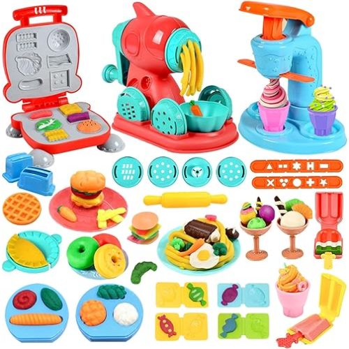 Crelloci 3 in 1 Color Dough Kitchen Creations Set, Ice Cream Spaghetti Burger Maker Machine, Art Crafts Food Modeling Toys, Accessories Tools Kit for Boys Girls Kids Toddlers Ages 3+ (12 Colors Dough)
