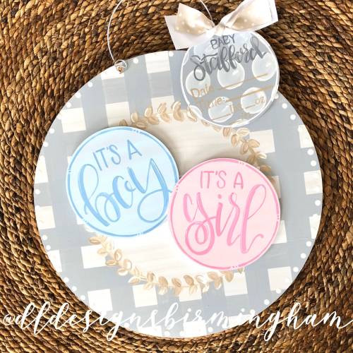 Gender neutral Hospital door hanger gingham stripes hand lettering hand  painted custom initials name gender surprise it’s a boy it’s a girl