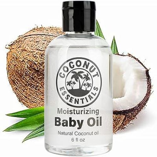 Coconut Essentials BABY OIL - Liquid Coconut oil (MCT) - No Mineral oil - Unscented Moisturizer - Infant & Newborn - Massage, Scalp Sensitive Skin, Eczema & Dry Skin Relief - Fragrance Free (6oz)