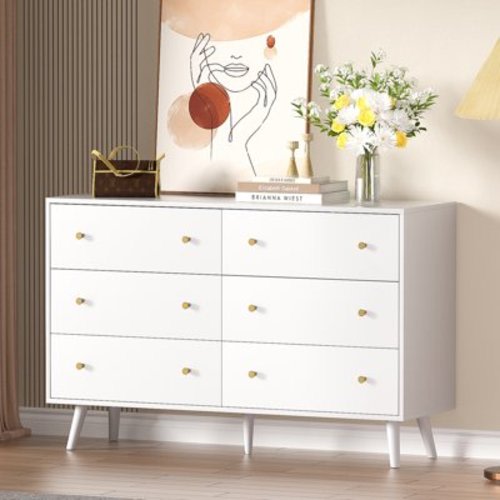 Dresser for bedroom, Modern White Dresser with 6 Drawers, Wooden Double Dresser with Gold Handles, Cabinet Storage with Wide Drawers for Living Room, Bedroom and Hallway.